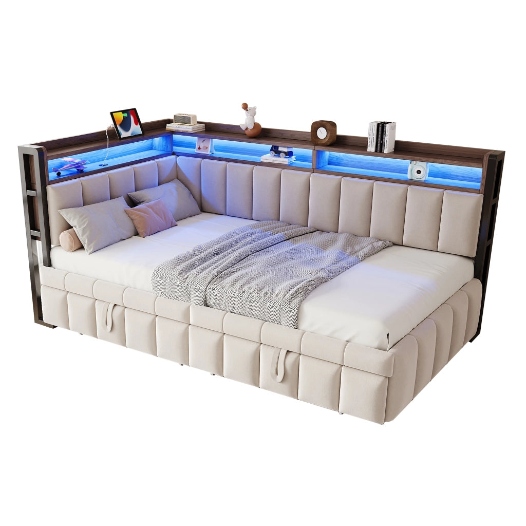 Divano letto estraibile 90x200 cm con LED; USB e USB-C in velluto beige