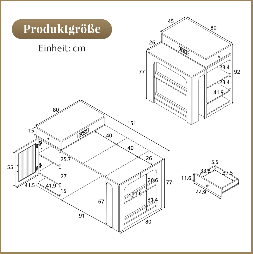 Tavolo allungabile 80x71~111~151x92 cm con prese integrate; MDF e vetro; bianco e naturale