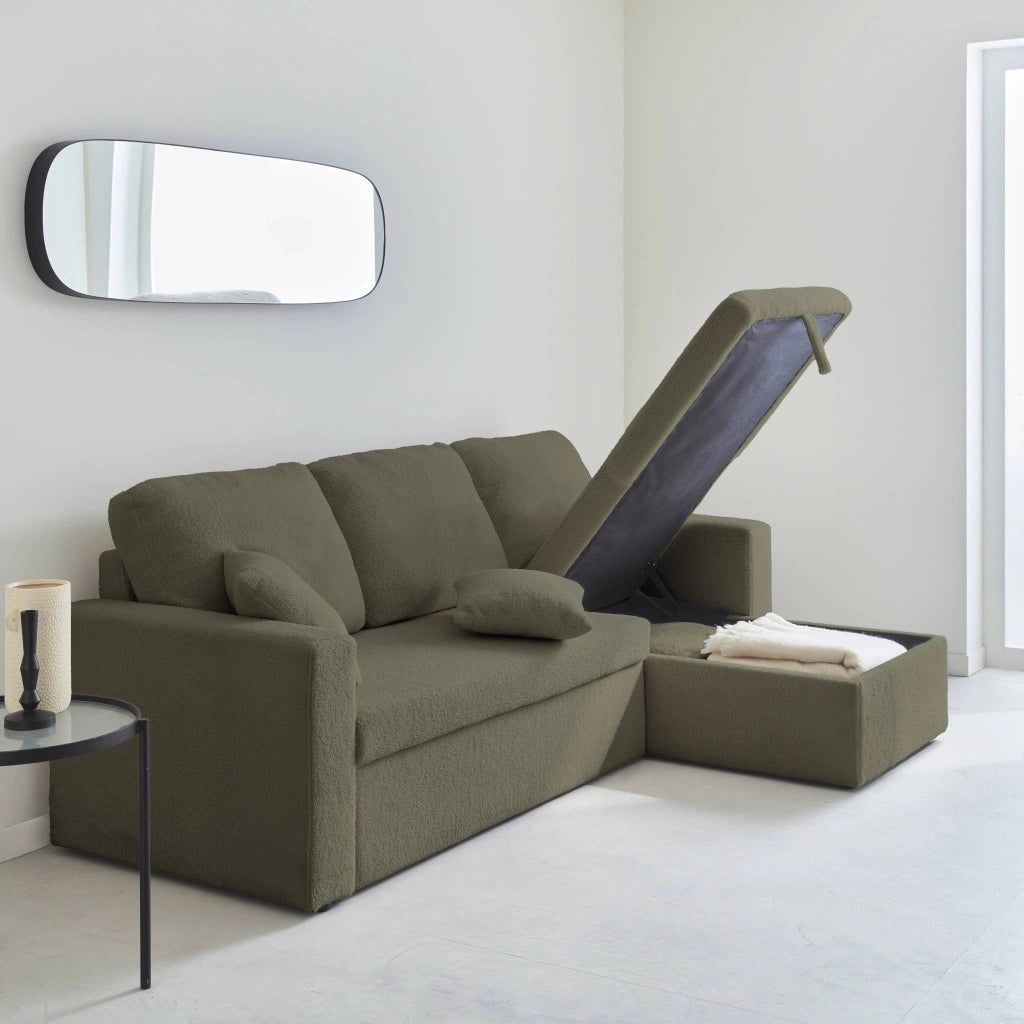 Divano letto angolare reversibile in bouclé, 3 posti, verde kaki