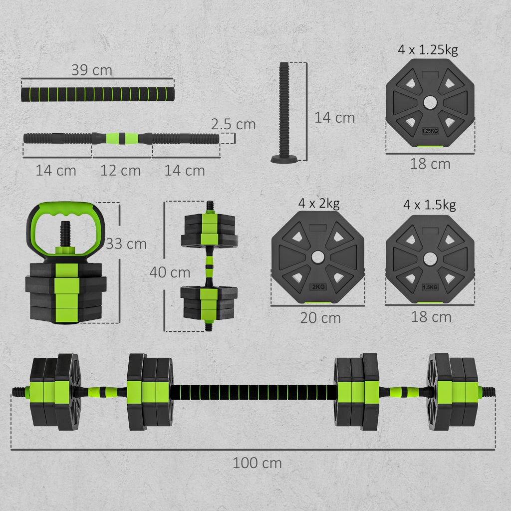 Set Pesi Palestra 6 in 1 Multifunzione da 20kg Totali 125x18x18 cm in Plastica e Sabbia Verde