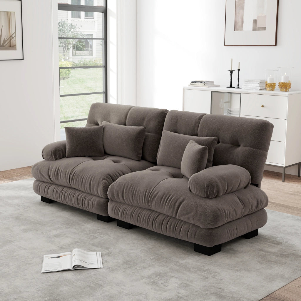 Divano angolare modulare in chenille con design cloud e cuscini lombari e decorativi marrone 220 × 77 × 81 cm