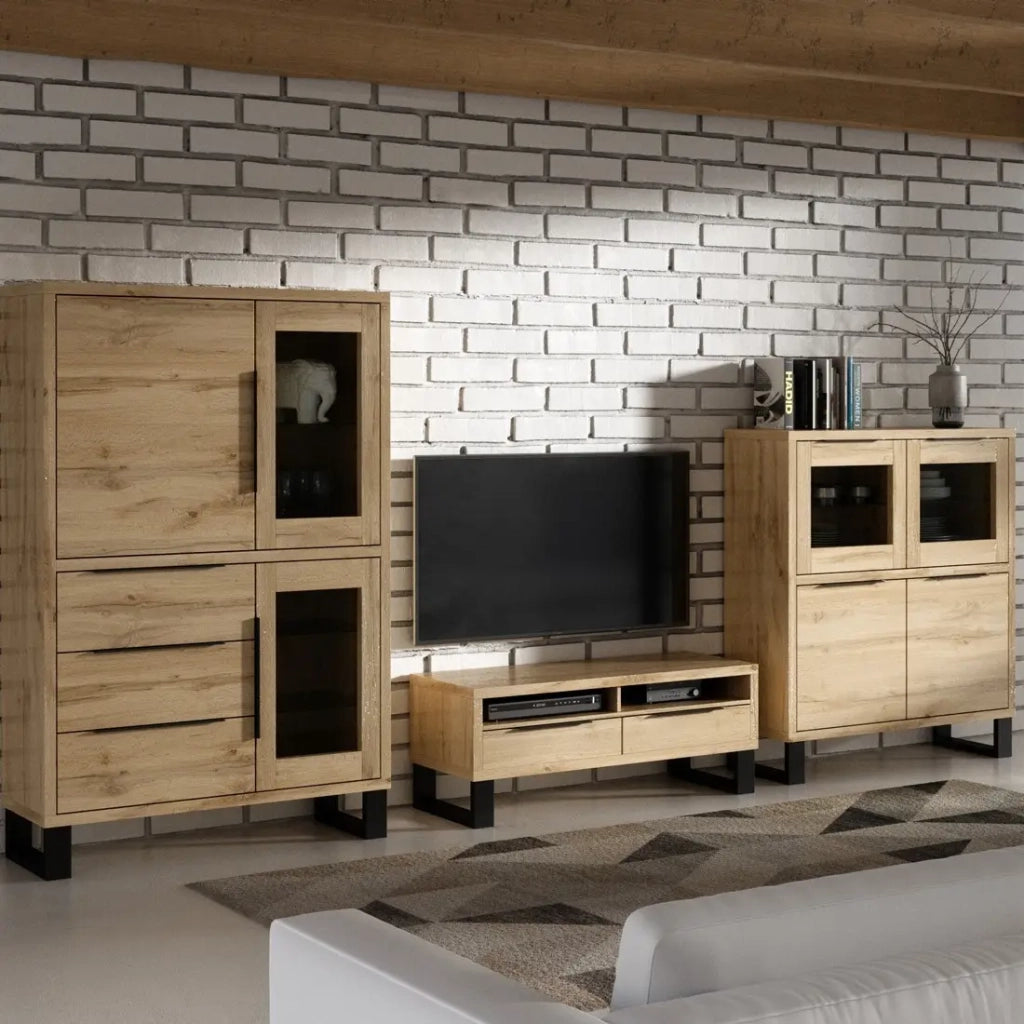 Set di 3 mobili da soggiorno collezione MILO. Colore rovere. Stile industriale.