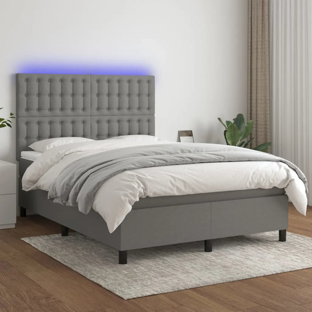 Letto a Molle Materasso e LED Grigio Scuro 140x200cm in Tessuto 3135198