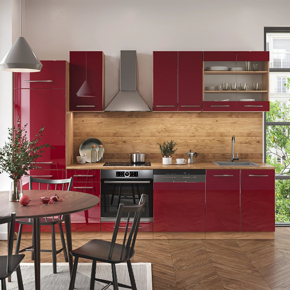 Cucina componibile Fame-Line Bordeaux lucido/Rovere dorato 300 cm, PL Marmo Vicco