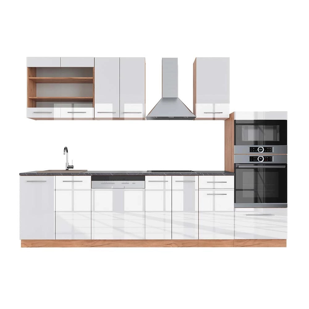 Cucina componibile Fame-Line Bianco lucido/Rovere dorato 300 cm con armadio alto, PL Antracite Vicco