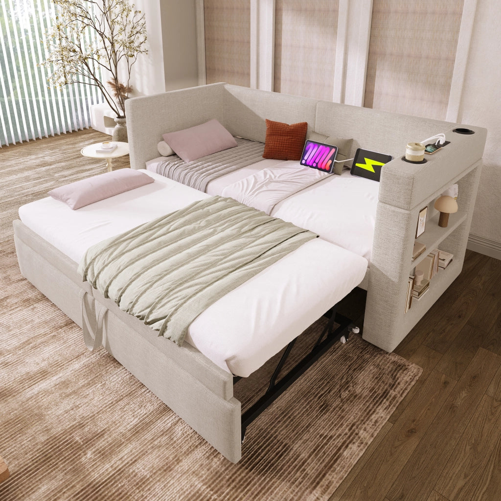 Divano letto estraibile 90x200 cm, letto singolo con porta USB e Tipo-C, beige, senza materasso