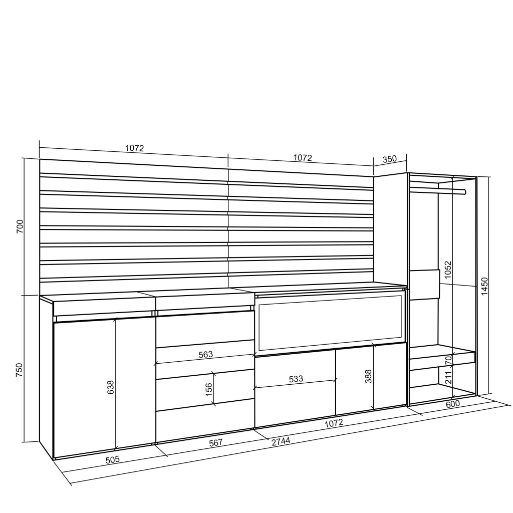 Credenza, 274x35x145cm, Camera da letto, Camino elettrico XXL, Cassettiera, Armadio Aperto, colore Rovere RF3399
