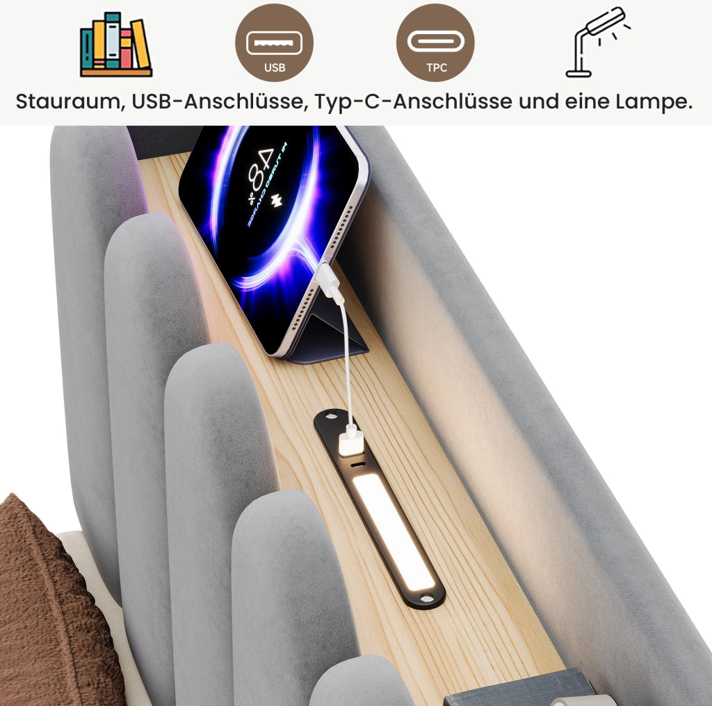 Letto per bambini in velluto grigio con contenitore, rete e luce