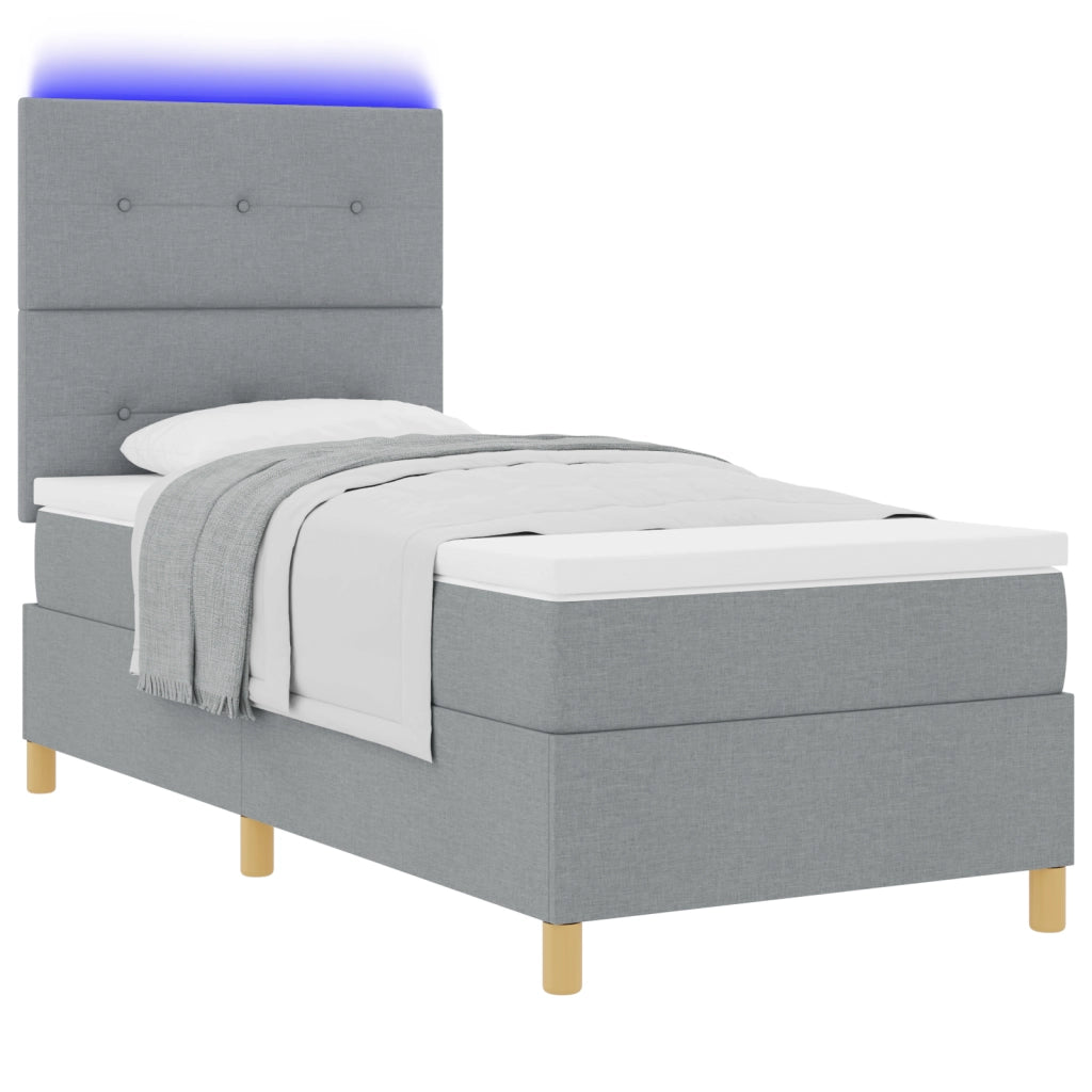Letto Box Spring con Materasso e Luce LED Grigio Chiaro 90x190 cm Tessuto