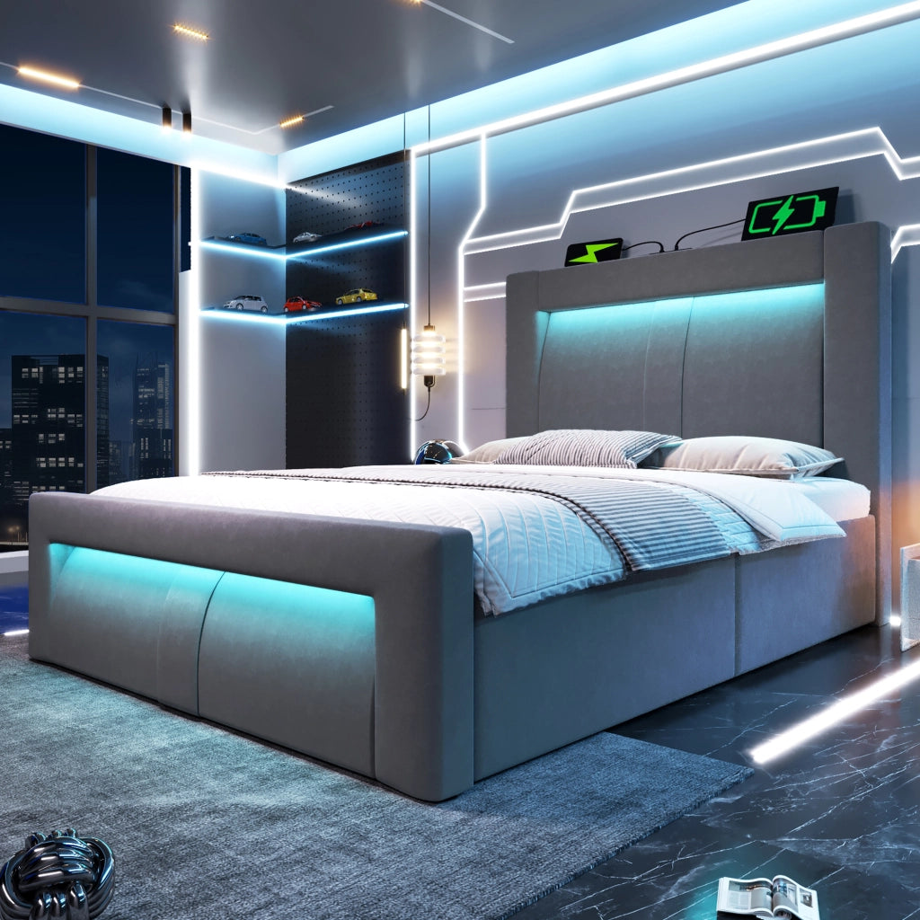 LETTO Contenitore 90x200 cm in velluto grigio con LED e porte USB/Type-C