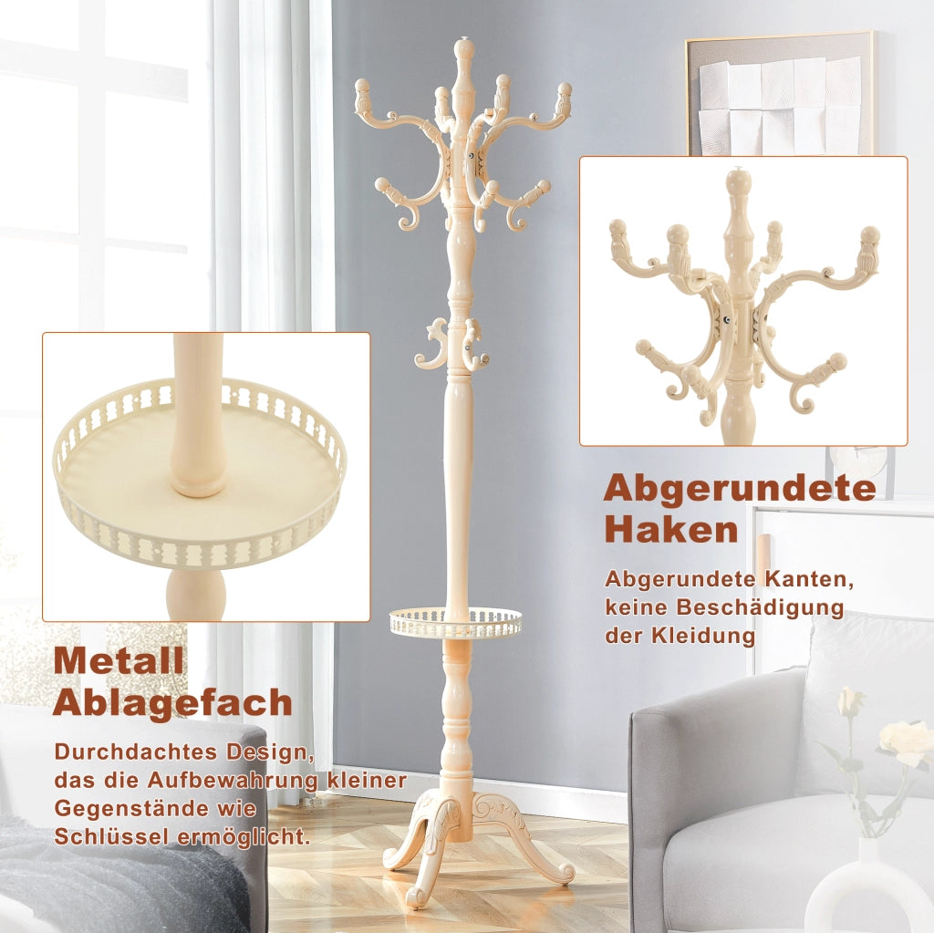Appendiabiti in legno massello crema con base stabile e ganci multipli, altezza 195 cm