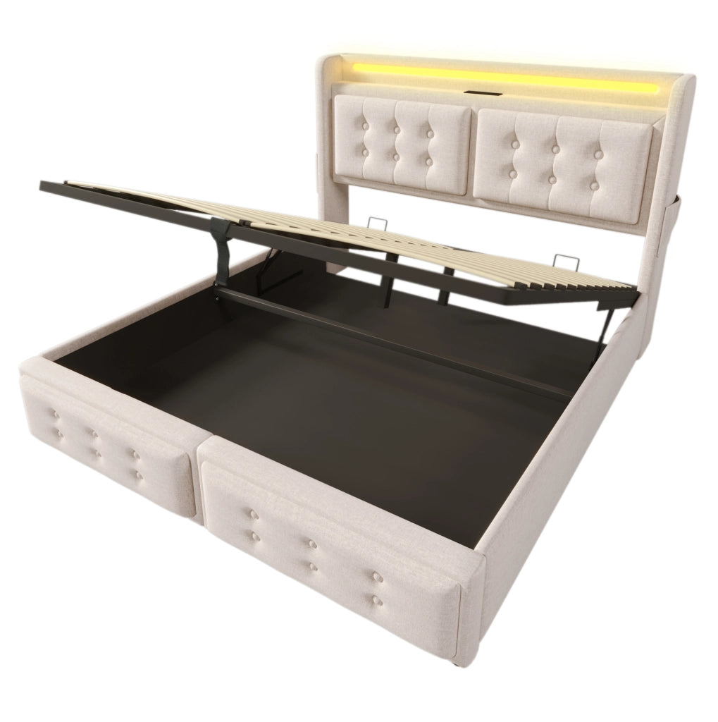 Letto matrimoniale 140x200 cm in tessuto cotone e lino beige con LED; prese e USB-C
