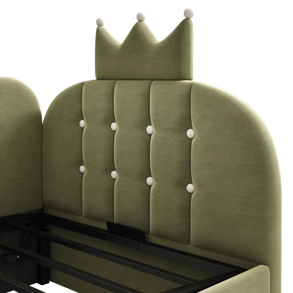 Letto contenitore daybed L-forma 90x190 cm in velluto verde con design corona e rete a doghe