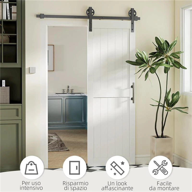 PORTA SCORREVOLE IN STILE COUNTRY CON BINARIO E MANIGLIA IN LEGNO E ACCIAIO, 71.5X213.4 CM, BIANCO E NERO