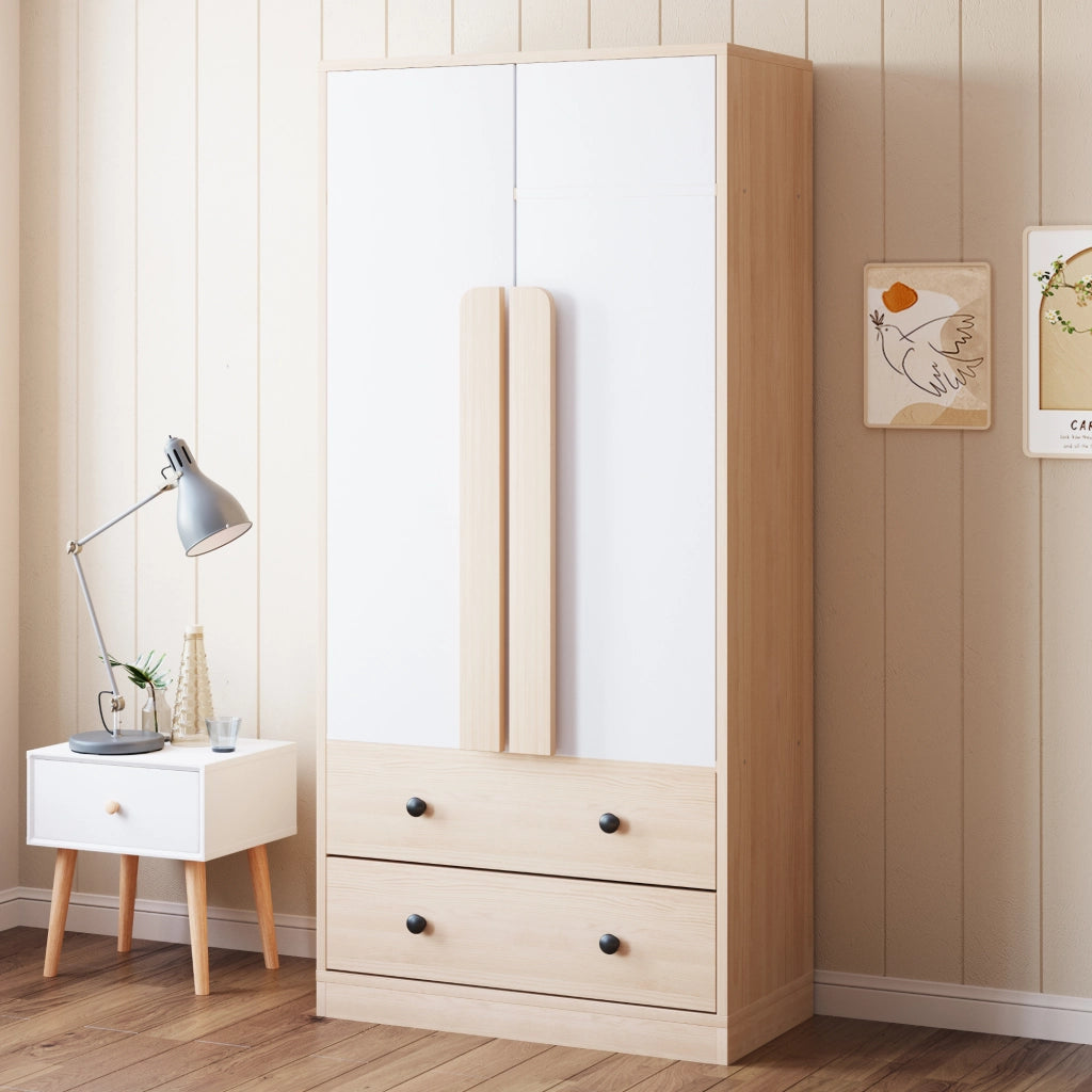 Armadio con 2 ante e 2 cassetti, 1 vano, per camera da letto e soggiorno, in legno, naturale e bianco, 70 × 40 × 170 cm