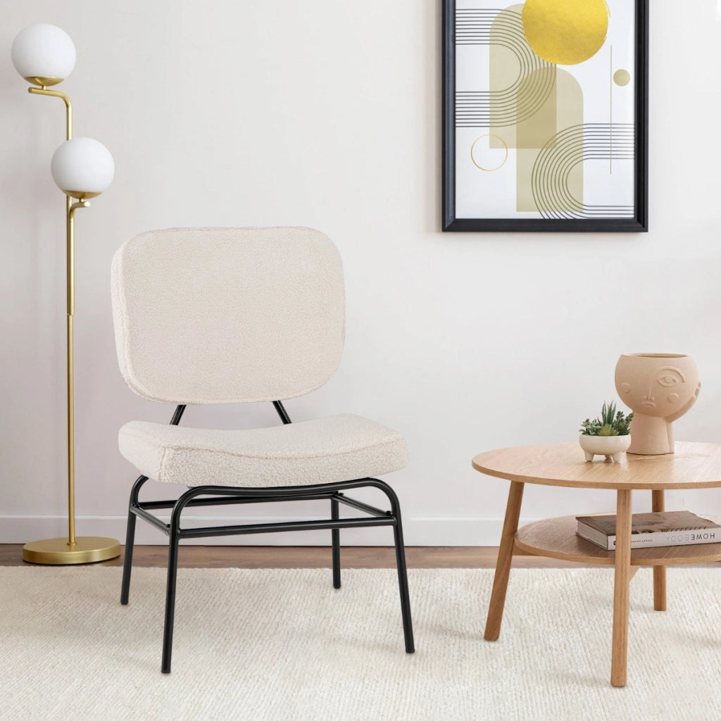 Sedia accento imbottita in spugna con piedini regolabili e struttura in metallo, Sedia da lettura in sherpa imbottitura Beige-Sedie e poltrone