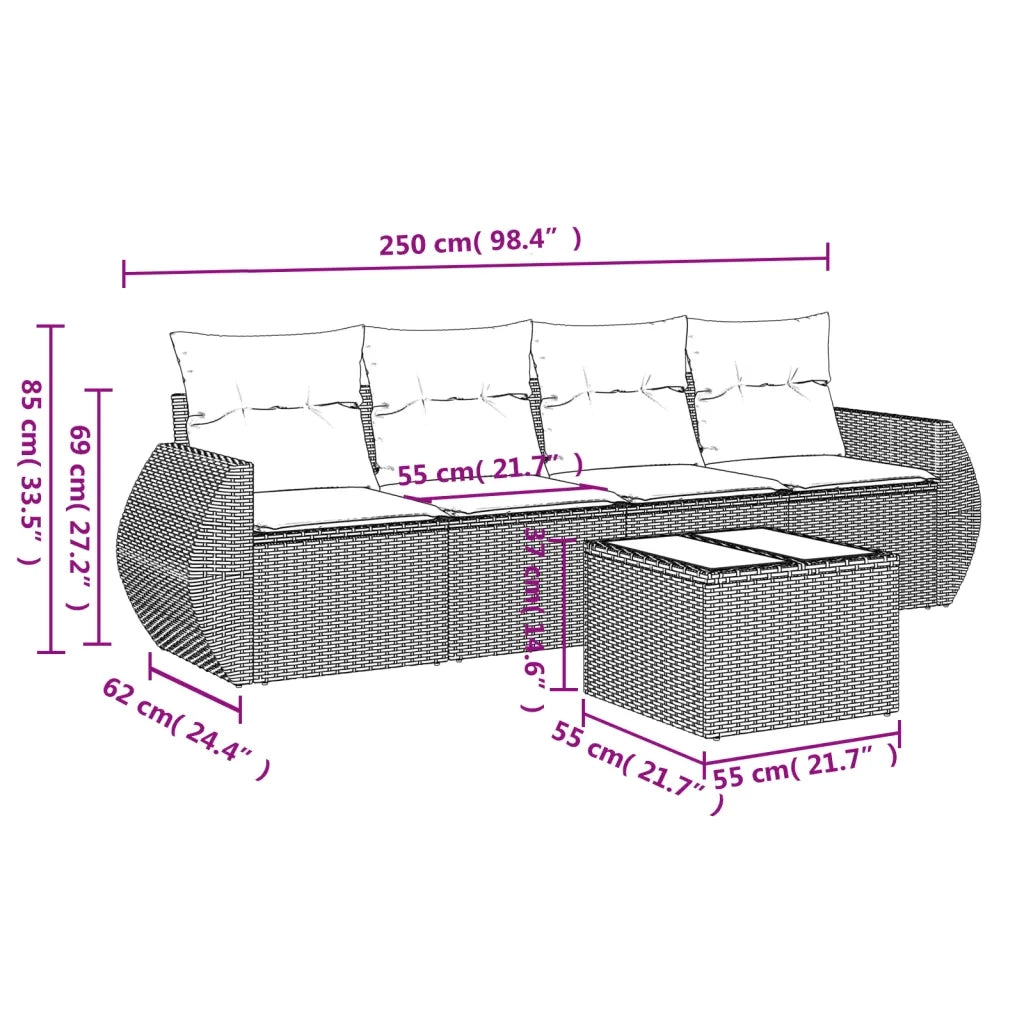 Set Divano da Giardino 5 pz con Cuscini Beige in Polyrattan