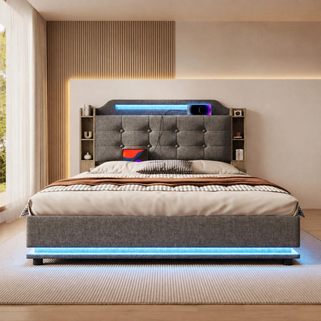 Letto contenitore 140 × 200 cm con vano idraulico LED USB e Type-C in lino e MDF grigio