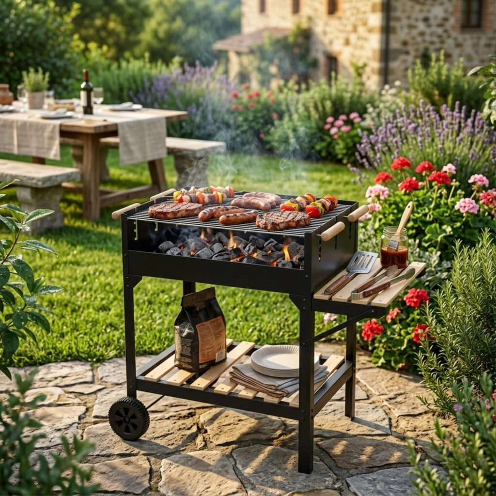 BBQ Grill A Carbonella Con Griglia Regolabile Su Diversi Livelli Piano Laterale Di Appoggio Ripiano Inferiore E Telaio In Acciaio Con Ruote Per Grigliate All Aperto 122 x 53 x 100 Cm Nero