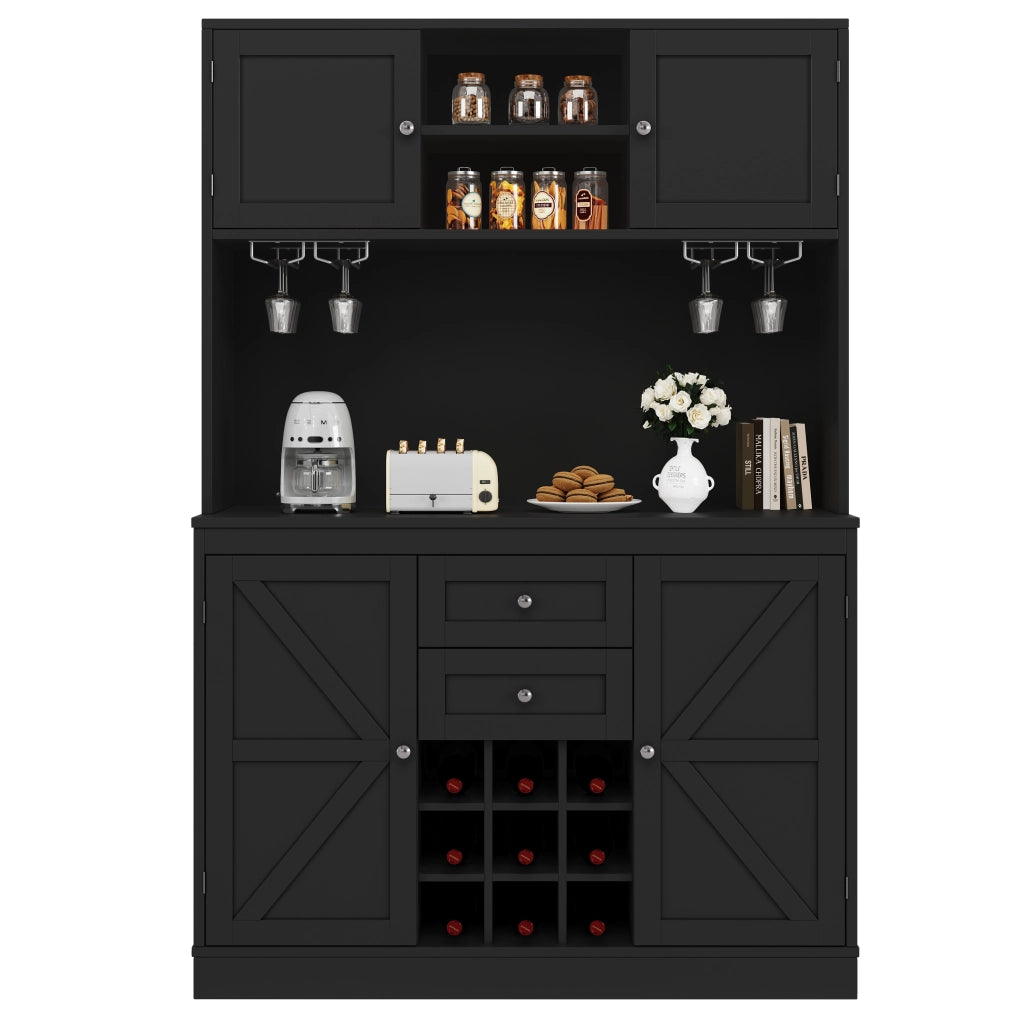 OKWISH Credenza cucina alta con 4 ante e 2 cassetti, ripiani regolabili e portabottiglie, in MDF, Nero, 120 x 40 x 188 cm