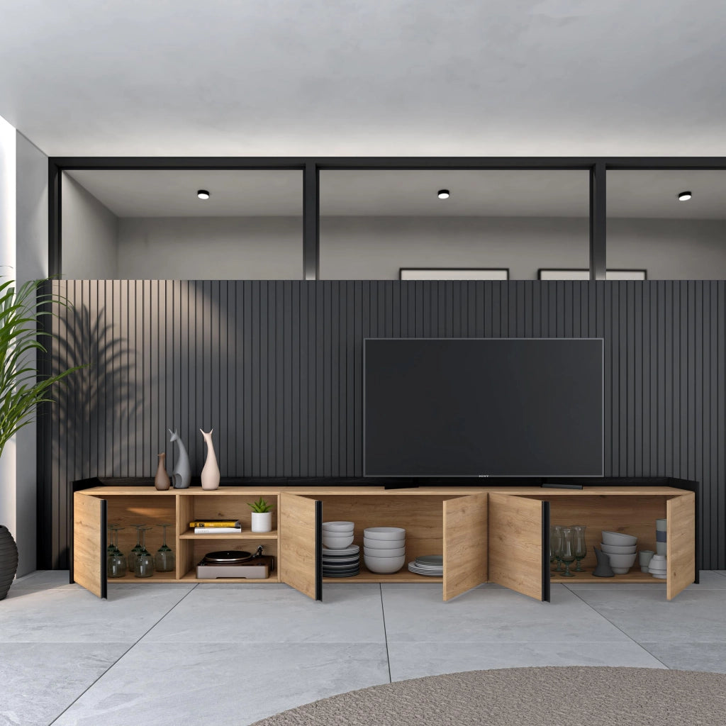 Mobile TV Soggiorno, 309x50x35 cm, Per TV fino a 80", Mobile Soggiorno, Rovere e nero