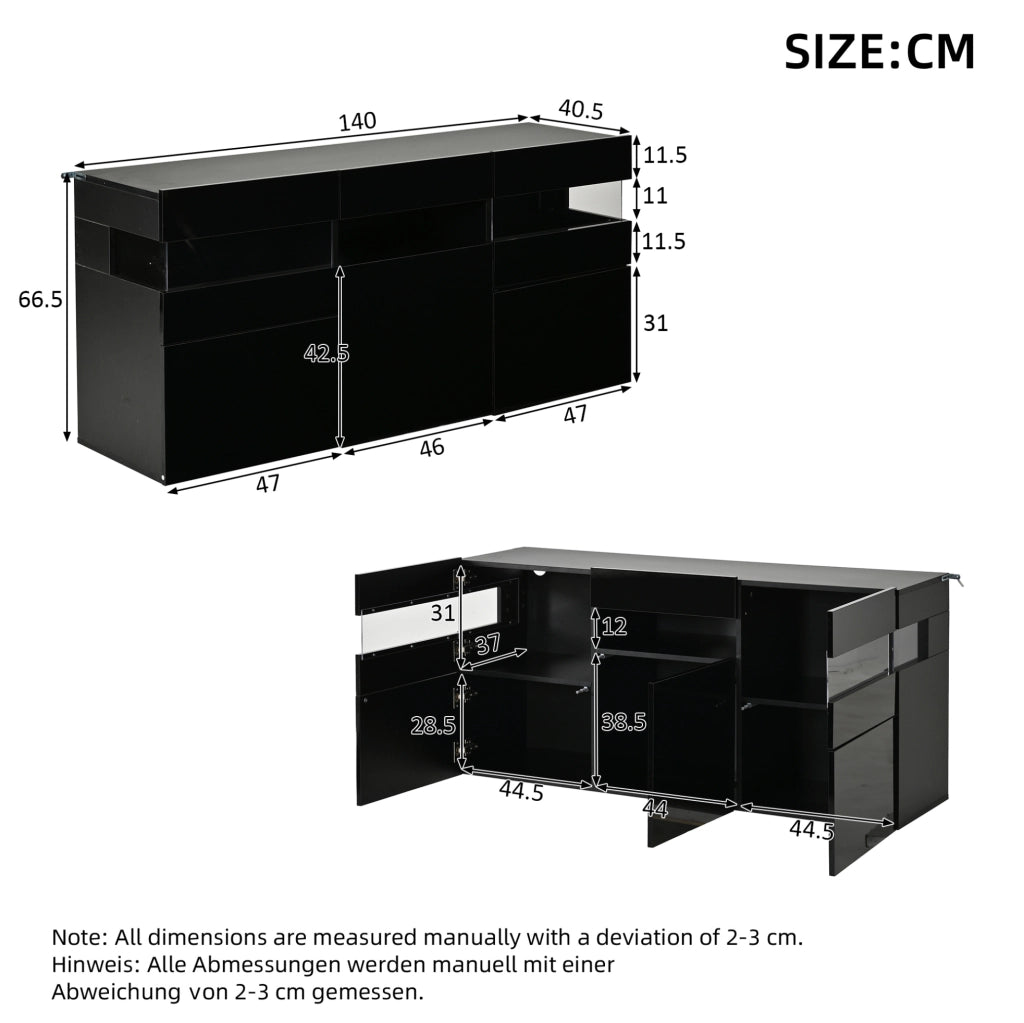 Sideboard moderno nero 140 cm con 3 ante, LED controllabile via app e 7 vani