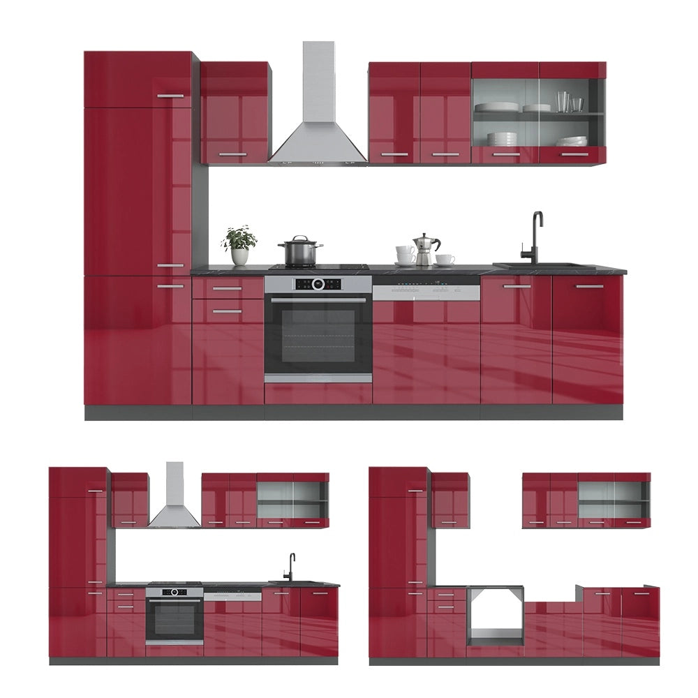 Cucina componibile R-Line Rosso lucido/Antracite 300 cm senza piano di lavoro Vicco