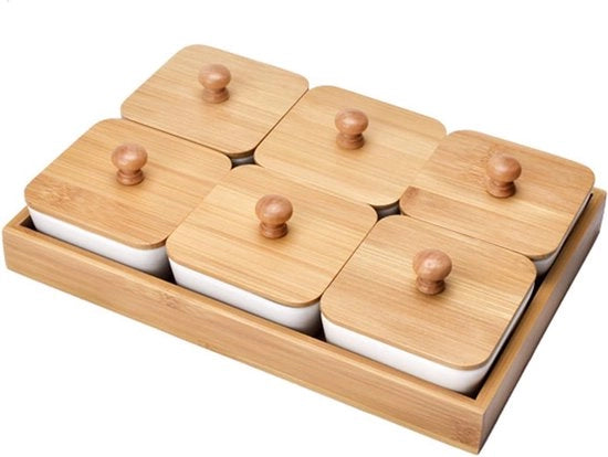 Set di scodelle per snack con coperchi in legno e tavola da portata, piatto ceramico per snack, set di scodelle per snack su tavola da portata in legno, ideale per salse, dips, spezie, erbe, snack, sale, pepe