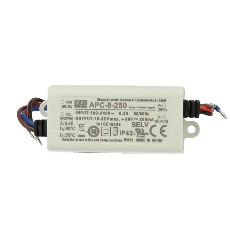 Led Driver CC MW MEAN WELL Serie APC Trasformatore Corrente Costante IP42 (250mA 16V-32VDC 8W)