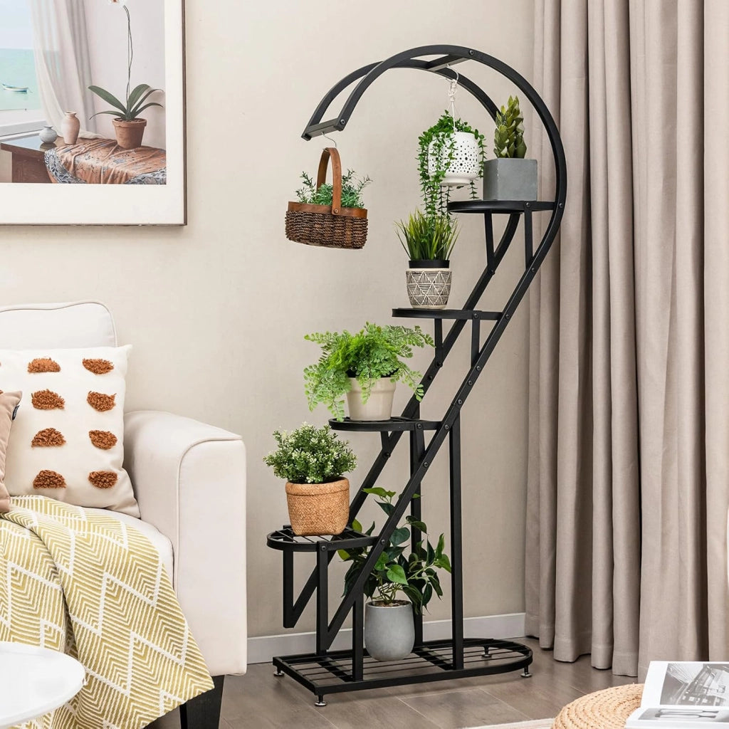 Scaffale per Piante in Metallo a 5 Livelli, Porta Piante a Forma di Cuore con Gancio, Scaffale per Fiori per Soggiorno, Camera da Letto e Balcone (Nero)
