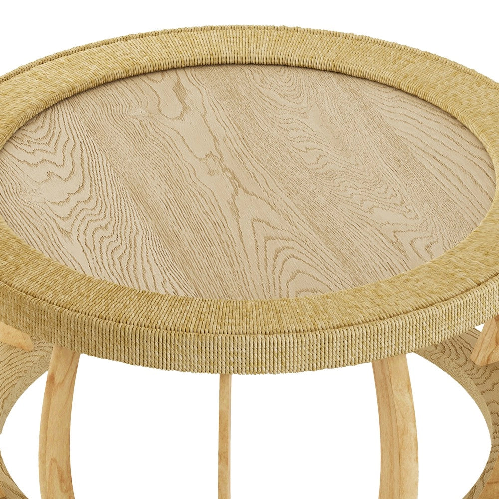 Tavolino da Caff¨¨ Rotondo in Legno Massello e Rattan ¨C MINIMAL ¨C Naturale, Gambe Curve