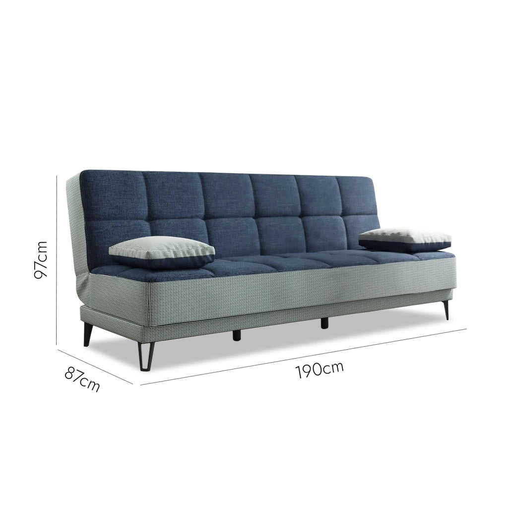Divano letto Aborigeni, Divano letto a 3 posti con piedini in metallo nero , SofÒ  da soggiorno in tessuto imbottito con apertura click-clack, 190x87h97 cm, Grigio e Blu