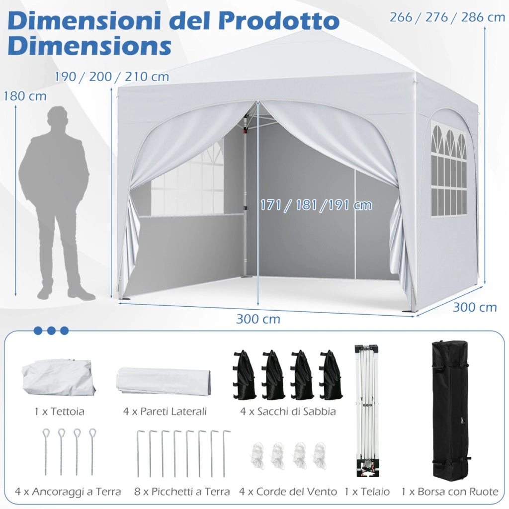 Tenda gazebo richiudibile con 4 pareti rimovibili 3x3 m borsa con ruote, Riparo sole da spiaggia pieghevole Bianco-Gazebo