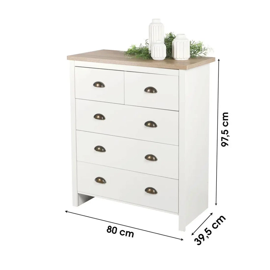 Comò con 5 cassetti design coloniale – 80x39,5xH97,5 cm, colore bianco con piano in rovere chiaro – Collezione MADERA
