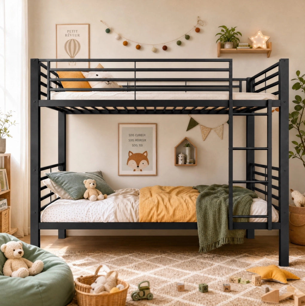 Letto a castello in metallo nero con scala reversibile e struttura silenziosa