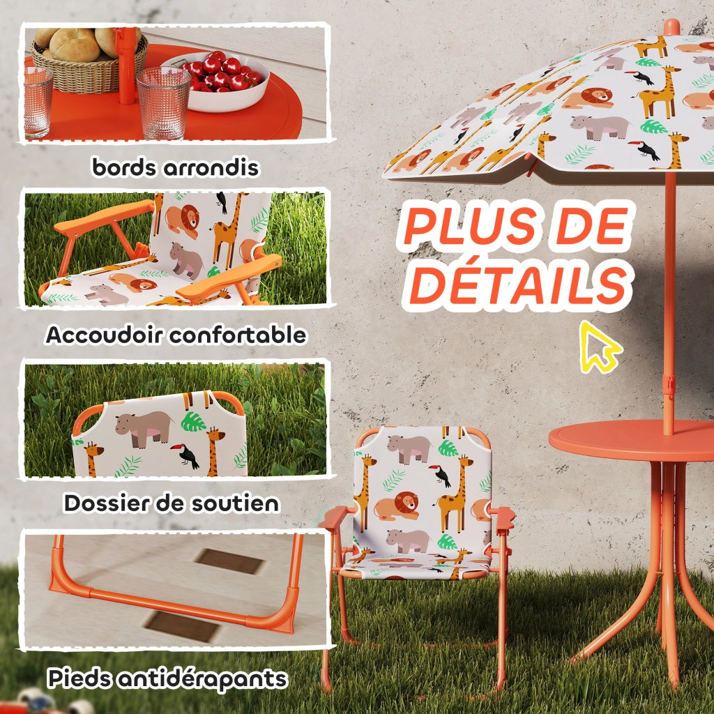 Set tavolo bambini con 2 sedie pieghevoli e parasol ? 100 cm ¨C Xylo ¨C motivo animale arancione