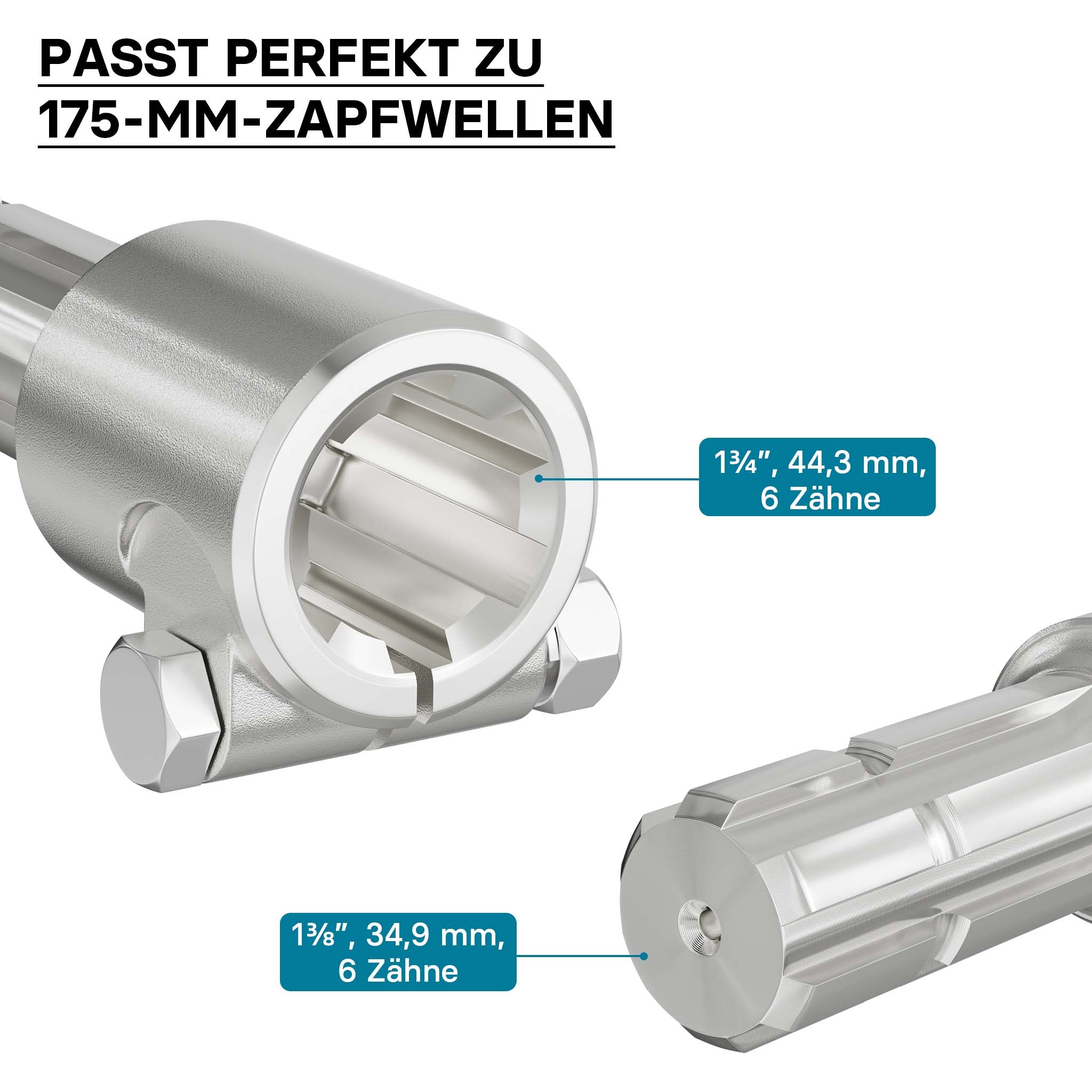 Boccola albero cardanico 175 mm Attacco albero scanalato 1 3/4" 6D Albero uscita 1 3/8" 6D Trattore