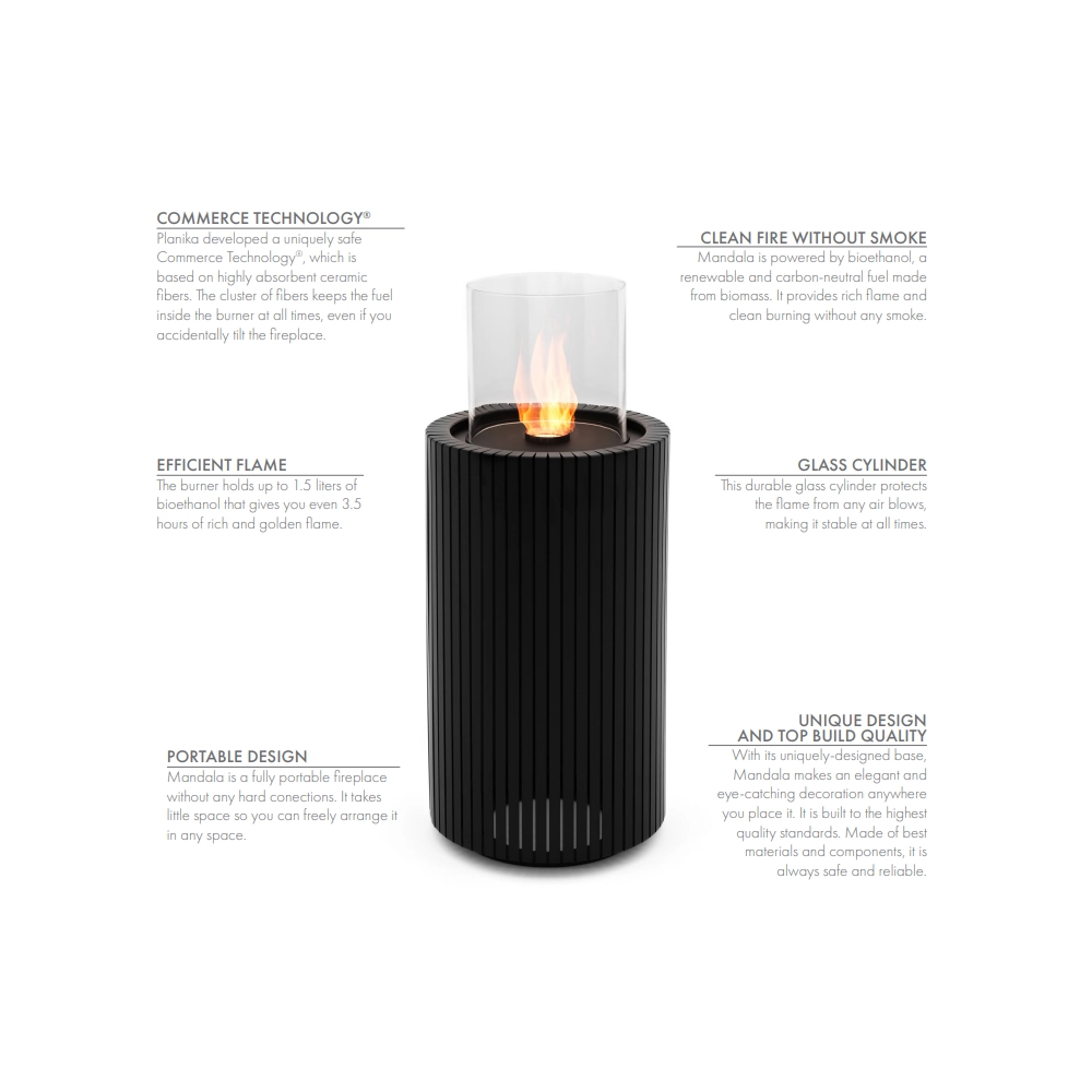 Planika - Biocamino Mandala Caminetto a Bioetanolo Portatile con Tecnologia Commerce, Cilindrico nero in Vetro
