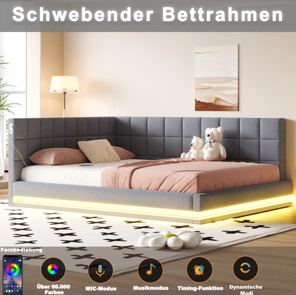 Divano letto matrimoniale 160x200 cm in lino grigio con LED; USB e rete a doghe