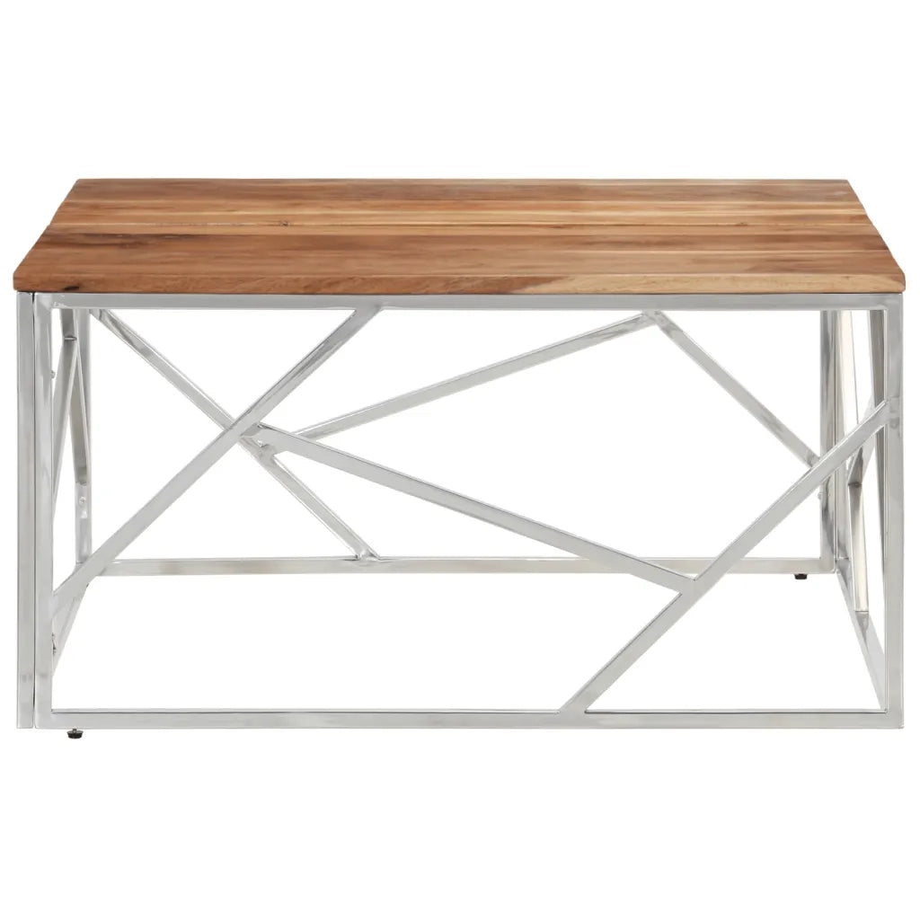 Tavolino Salotto Argento Acciaio Inox e Legno Massello Acacia 349951