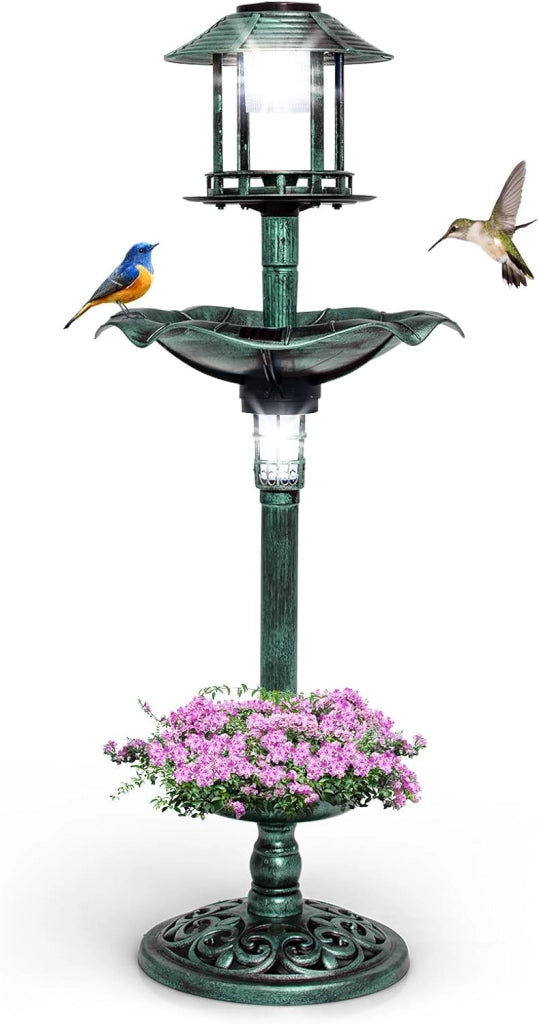 Vasca per Uccelli da Giardino a Energia Solare, Abbeveratoio e Mangiatoia per Uccelli da Esterno con 2 Lampade a Energia Solare, Fioriera e Supporto Riempibile (Verde)