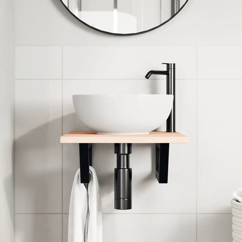 Ripiano a Parete per Lavabo in Acciaio e Massello di Rovere 3302535