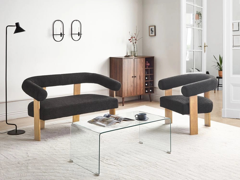 Set da salotto divano a 2 posti poltrona imbottita bouclé nero e marrone chiaro stile retrò soggiorno