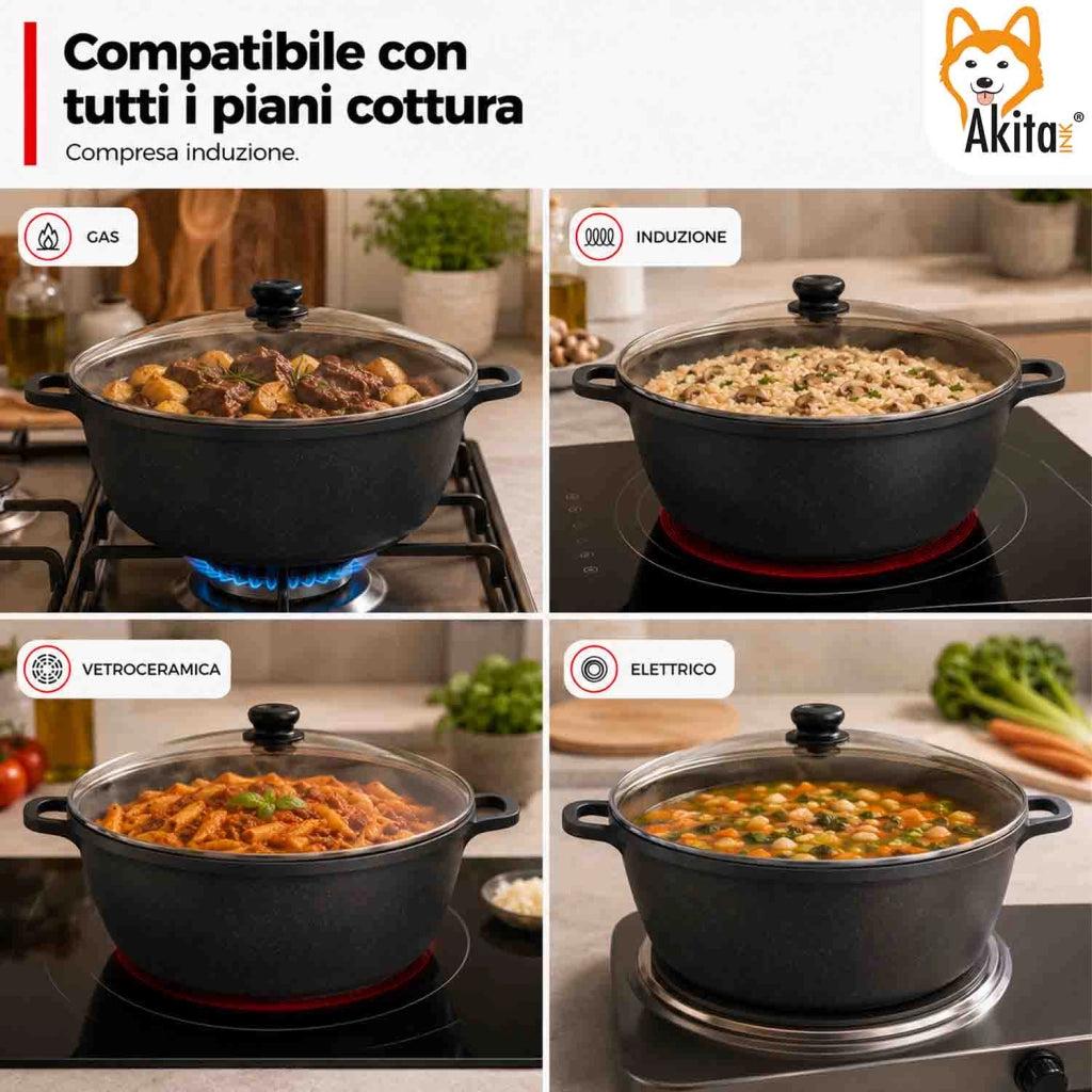 Akitaink Casseruola Alluminio Pressofuso Coperchio in Vetro 32 cm