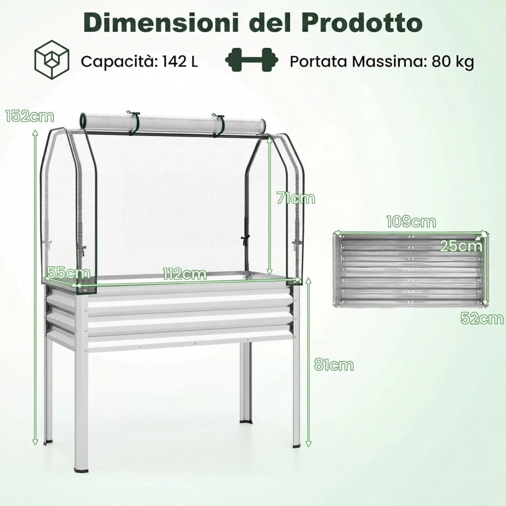 Orto Rialzato da Esterno con Serra, Fioriera Rialzata con Copertura in PE, Porta Avvolgibile con Cerniera e Guanti, Aiuola Rialzata per Verdure, Fiori e Frutta, 112 x 55 x 152 cm (Argento)