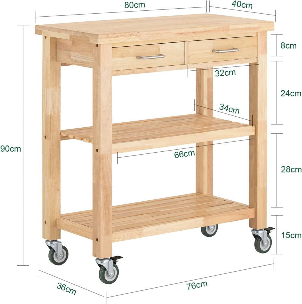 Carrello da Cucina con Ruote, Mobile Cucina Salvaspazio in Legno Massiccio di Hevea – Mobile Soggiorno Credenza con 2 Cassetti e 2 Ripiani 80x40x90 cm FKW24-II-N