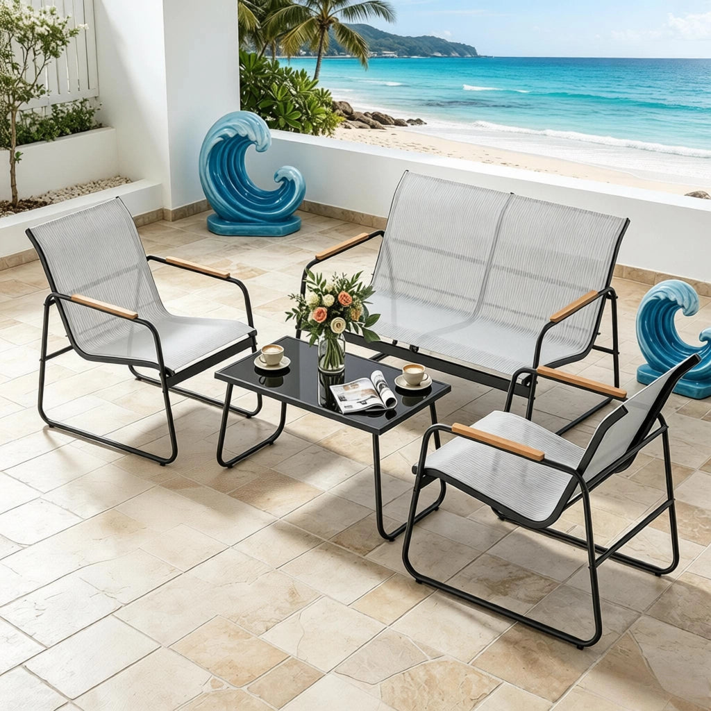 Set mobili da giardino 4 pezzi con divano a 2 posti, 2 poltrone e tavolino in vetro temperato per esterno grigio