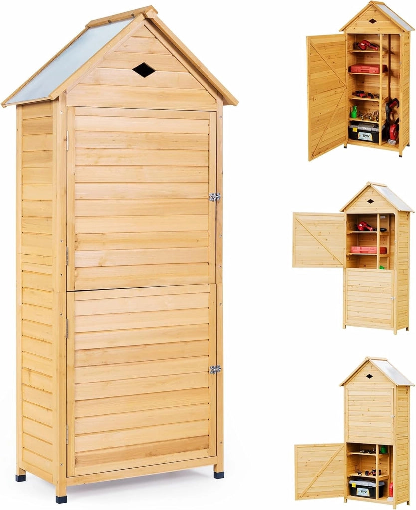 Casetta da Giardino in Legno, Capanno per Attrezzi per Esterno con 4 Ripiani e 1 Armadio, Resistente alle Intemperie con Ante Bloccabili, Capanno da Giardino 80 x 35 x 176,5 cm