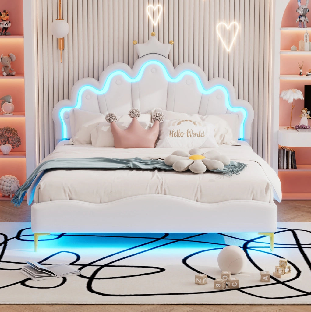 Letto matrimoniale 140x200 cm; testiera a nuvola con corona e LED; PU e MDF; bianco