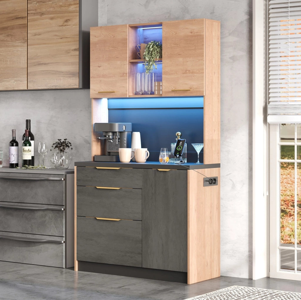 Mobile colonna cucina moderno con LED regolabili, prese UE e piano nero